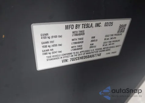 2025 Tesla Cybertruck All-Wheel Drive from USA, damaged, VIN 7G2CEHED5SA067748